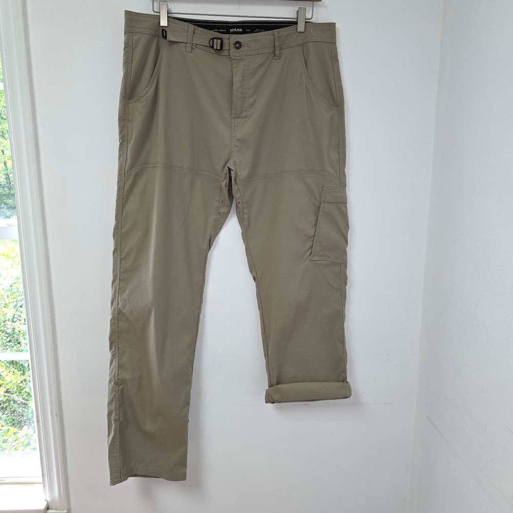 Prana Stretch Zion Straight Leg Pants Hiking Belted Convertible 38x34 Mens Beige
